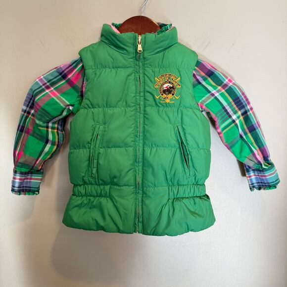 Polo Ralph Lauren Equestrian Reversible Down Vest Plaid Shirt Girls 4 Green Pink - Picture 1 of 16